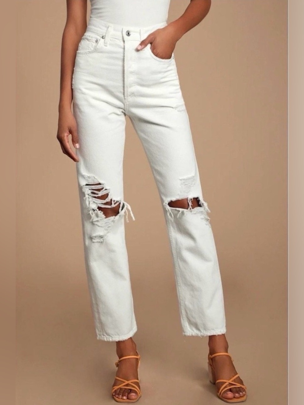Agolde Mid Rise Loose White Distressed Jeans - size 24